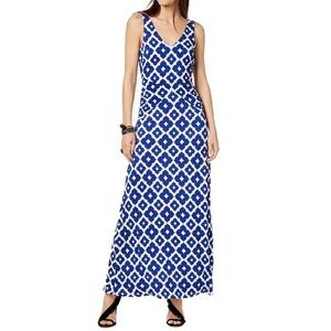 INC International Concepts blue white‎ print sleeveless ruched side maxi dress L